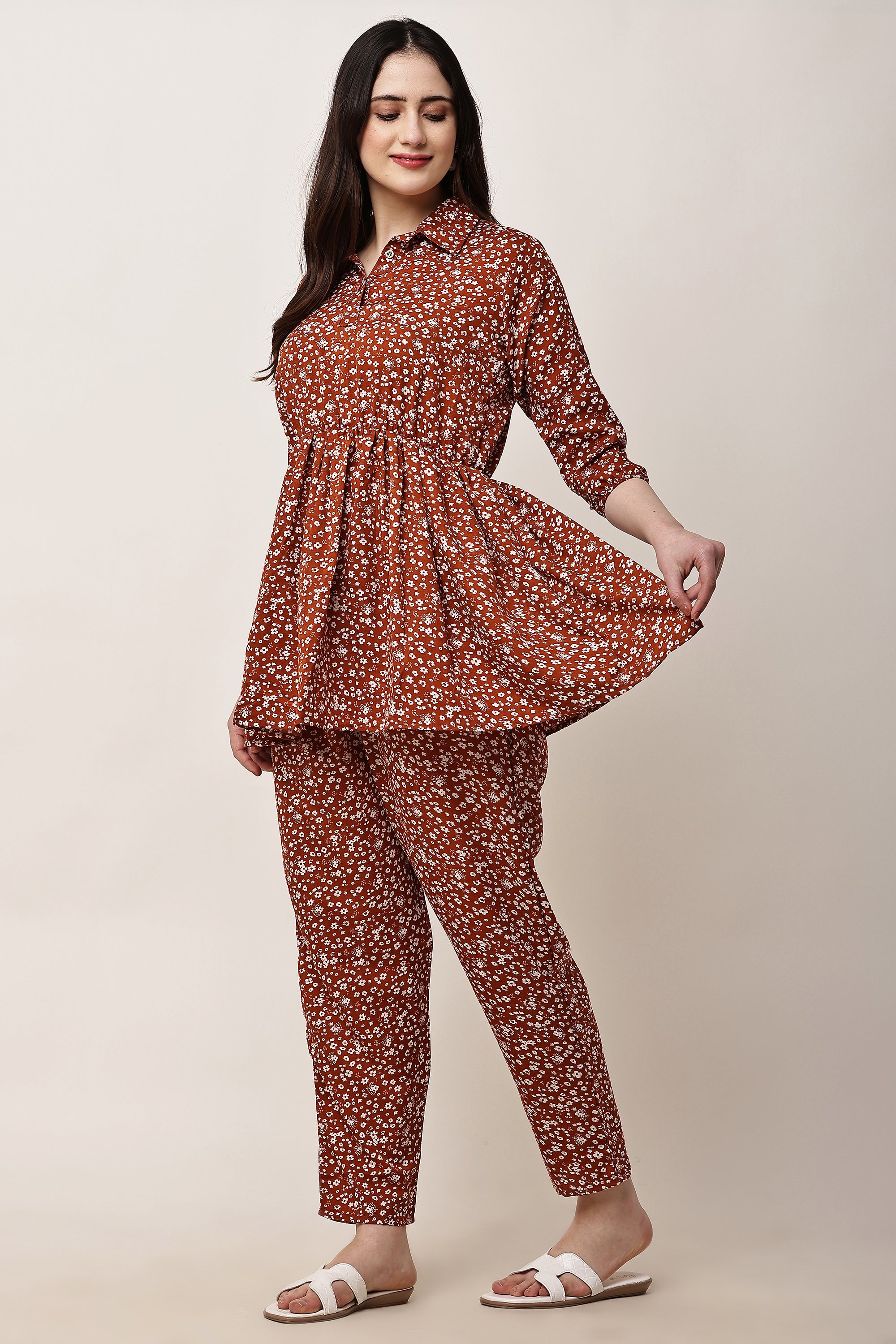 Stylish Brown Floral Co-Ord Set for Women