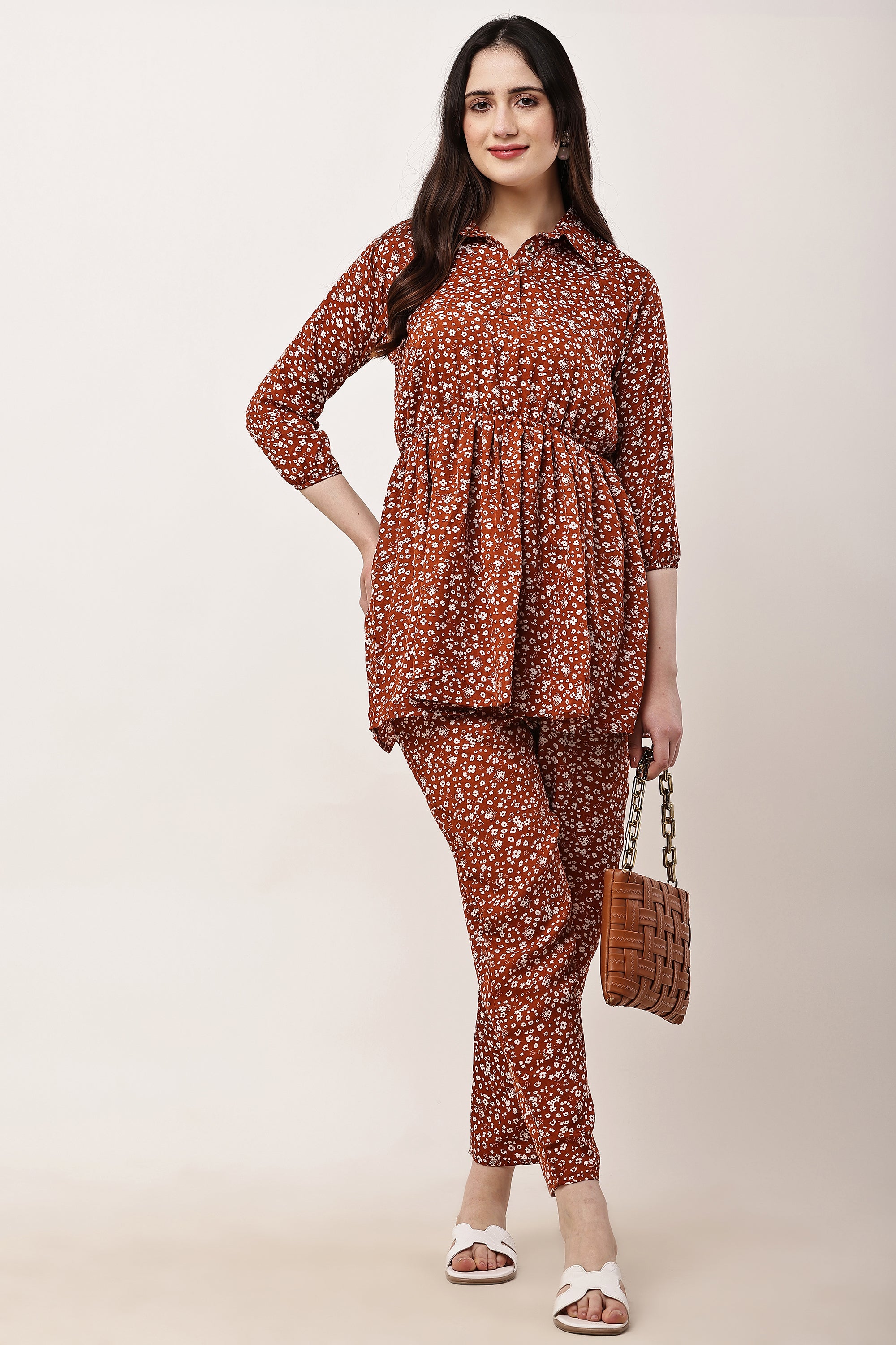 Stylish Brown Floral Co-Ord Set for Women