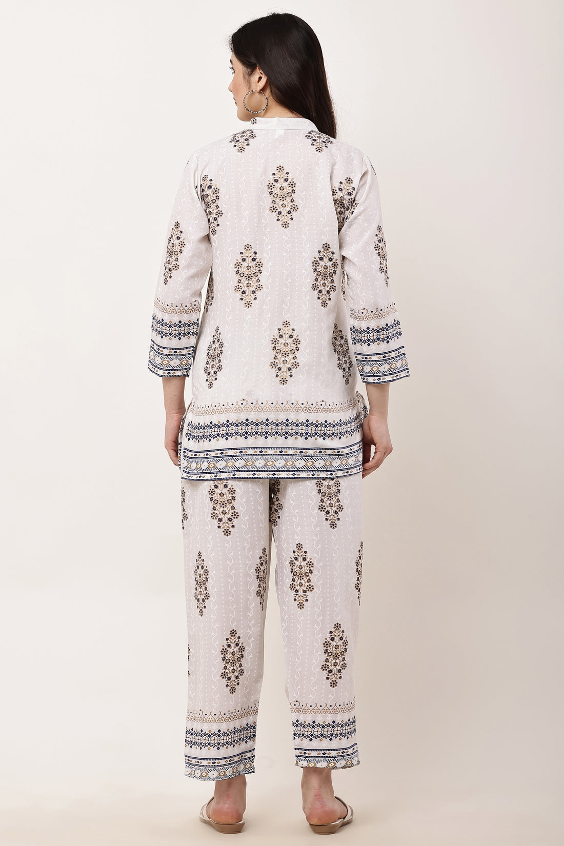 Graceful Beige Floral Print Kurta Pant Co-Ord Set WHITE WITH GREEN