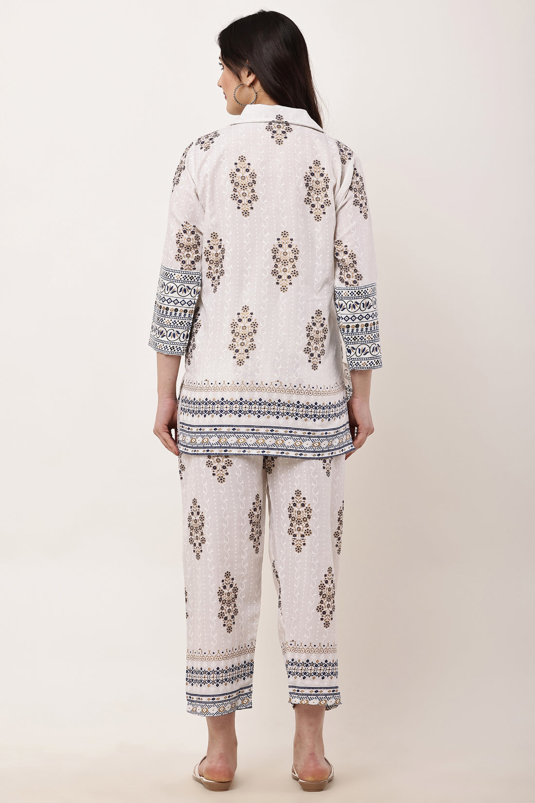 Women Cream Ethnic Printed Shirt & Pant Co-Ord Set (ya)