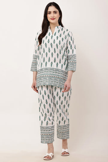 Elegant Green Leaf Print Kurta Pant Co-Ord Set