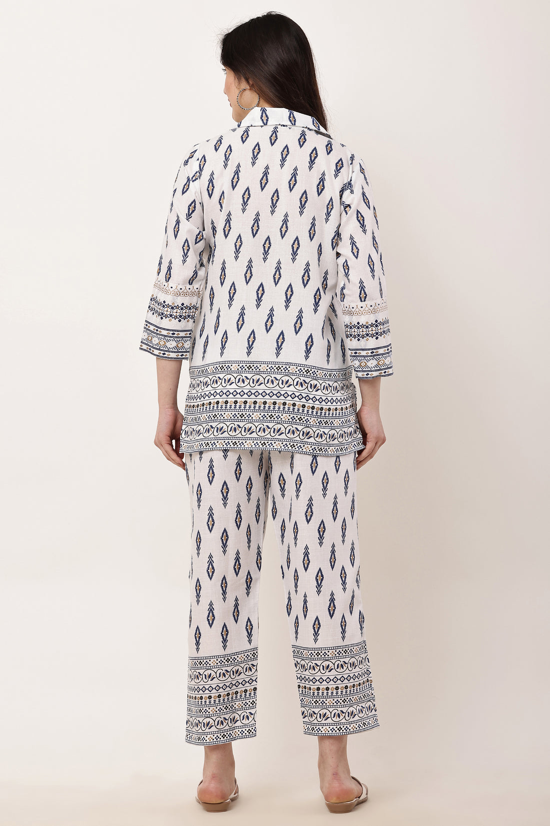 Ladies Cream & Blue Ethnic Printed Co-Ord Set