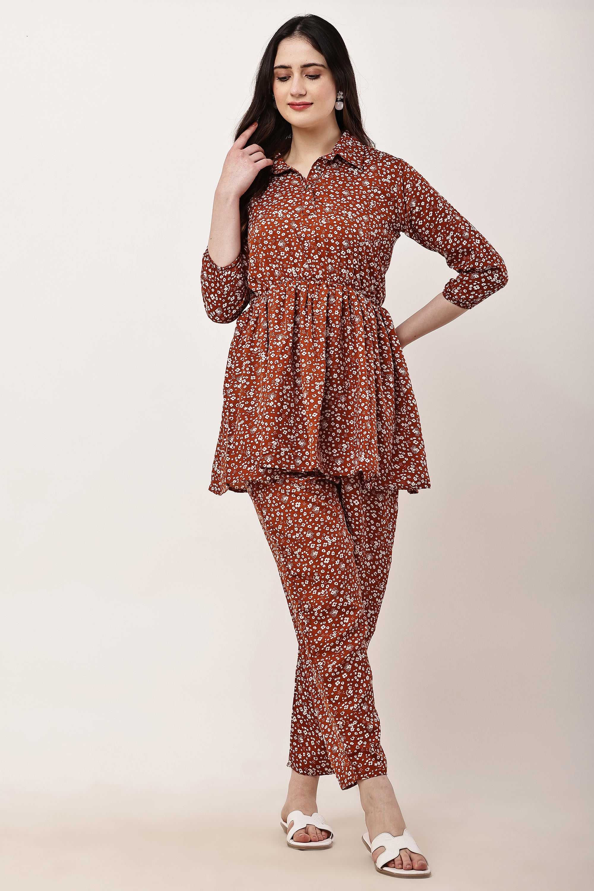 Stylish Brown Floral Co-Ord Set for Women