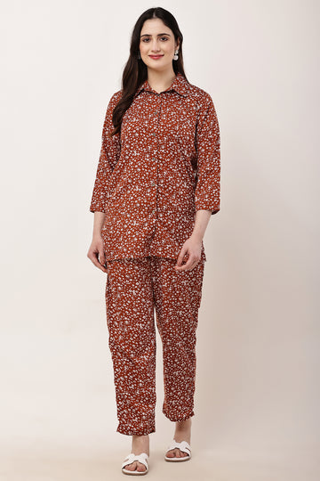 Brown Floral Straight Fit Co-Ord Set